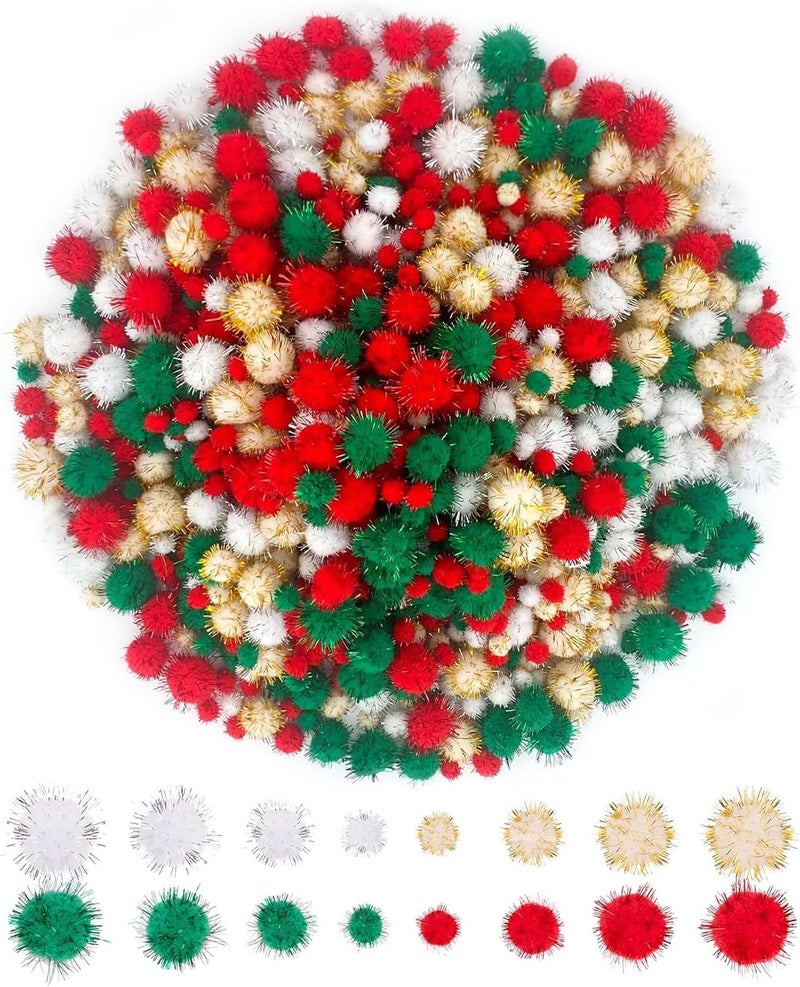 Allruyee 1500 Pieces Christmas Pom Pom Tinsel Glitter Pom Pom Balls for Crafts and Decorations(4 Sizes, Gold, White, Red, Green) - Image 1